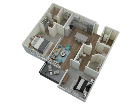 Unit B2 Balcony 2-bedroom, 2-bath 1,144 sqft 3D floor plan at Canopy Park Apartments, Alabama, 35124
